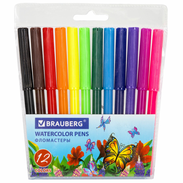 Фломастеры BRAUBERG "Butterfly" (Бабочка), 12цв, вент.колп, пласт.упак., увелич. срок службы, 150522