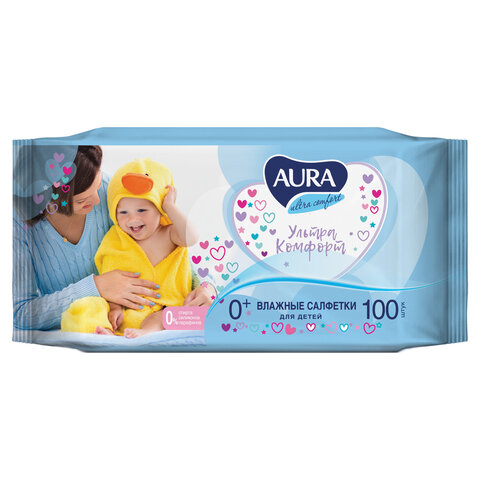 Салфетки влажные для детей AURA "Ultra comfort", 100шт, универсал. очищающие гипоаллерген, без спирт Салфетки влажные для детей AURA "Ultra comfort", 100шт, универсал. очищающие гипоаллерген, без спирт