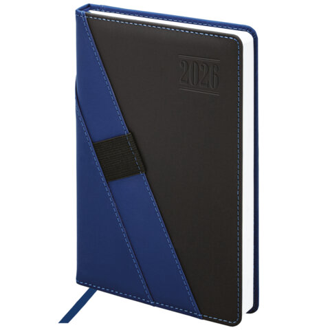 Ежедневник датированный 2026, А5, 138х213 мм, BRAUBERG "Swirl", под кожу, держатель для ручки, синий