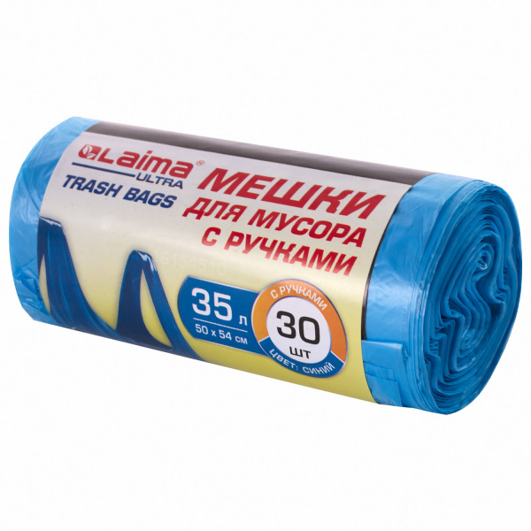Мешки д/мусора 35л с ручками LAIMA ULTRA в рулоне 30 шт., ПНД 8,5 мкм, 50х54 см, синие