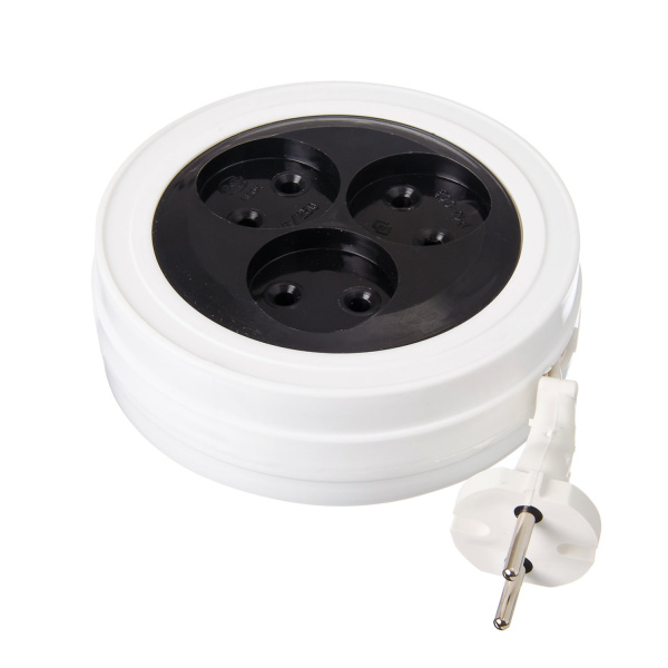 Удлинитель-рулетка РАДИСТ ЭКОНОМ Р16-008, 3 розетки без заземления, 5 м, 2х0,75 мм, 1300 Вт, белый, 