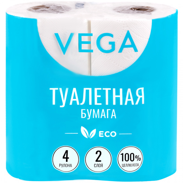 Бумага туалетная Vega ЭКО 2-слойная, 4шт. х15м, тиснение, белая, 100% целлюлоза
