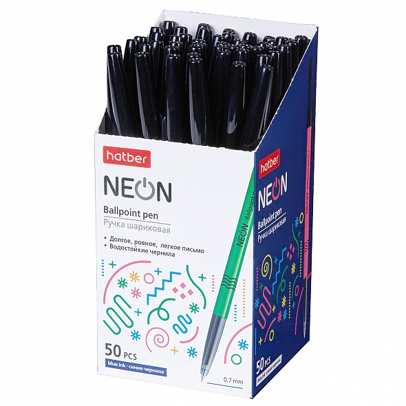 РУЧКА Hatber шариковая NEON Синяя 0,7мм с колпачком и клипом-Ассорти- чернила на масл.основе 043608