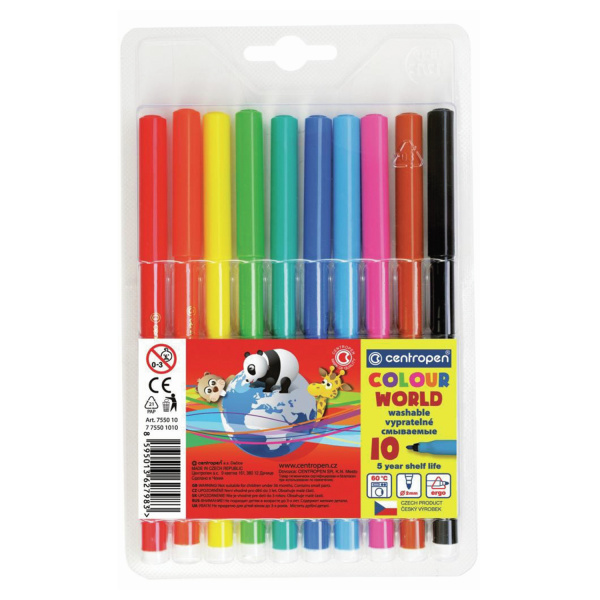 Фломастеры 10 ЦВЕТОВ CENTROPEN "Colour World", круглые, смываемые, 7550/10TP