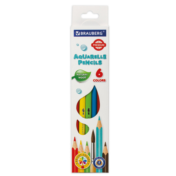 Карандаши цветные акварельные BRAUBERG PREMIUM AQUARELLE, 6 цветов, грифель мягкий 4 мм, 181670