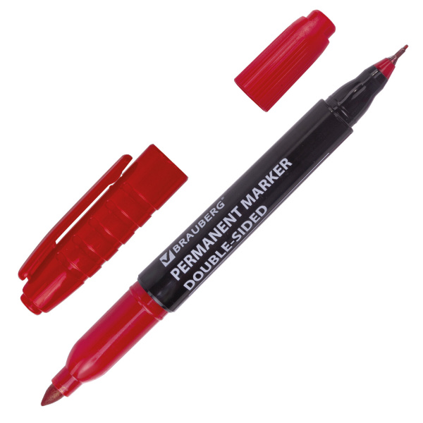Маркер перманентный (нестираемый) двусторонний BRAUBERG "Double", КРАСНЫЙ, наконечники 0,8/3 мм, 151
