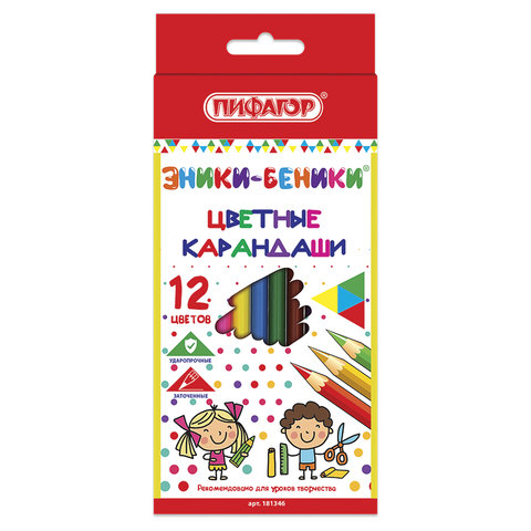 Карандаши цветные ПИФАГОР "ЭНИКИ-БЕНИКИ", 12 цв., классические заточенные, 181346
