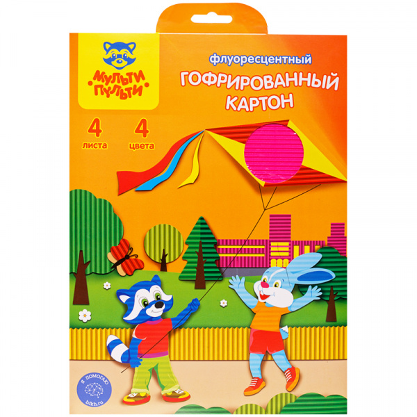 Картон цветной гофрированный А4, Мульти-Пульти "Приключения Енота", 4л., 4цв., флуоресц., в папке