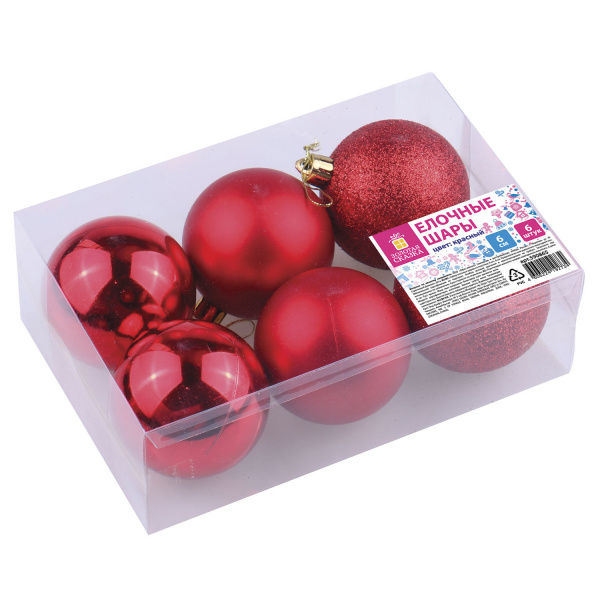 Шары елочные ЗОЛОТАЯ СКАЗКА, набор 6 шт., пластик, 6 см, красные (глянец, матовый, глиттер), 590865