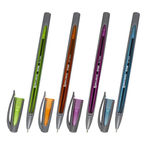 Ручка шариковая масляная BRAUBERG "BOMB GT Metallic", СИНЯЯ, прорезин. корпус ассорти, 0,7мм, 143348