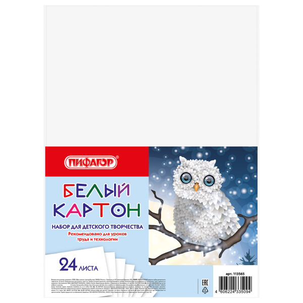 Картон белый А4 немелованный, 24 листа, ПИФАГОР, 200х290 мм, "Совушка", 113565 Картон белый А4 немелованный, 24 листа, ПИФАГОР, 200х290 мм, "Совушка", 113565