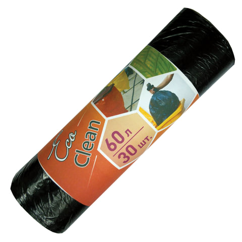 Мешки д/мусора 60л КБ EcoClean, в рулоне 30шт., ПНД 6мкм, 58х64 см, черные
