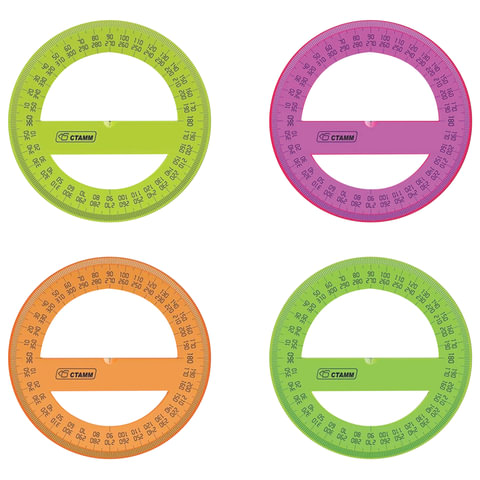 Транспортир СТАММ "Neon Cristal", 12 см, 360 градусов, тонированный, неоновый ассорти, ТР51