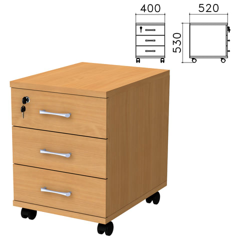 Тумба подкатная "Монолит" (406*518*534мм), 3 ящика, замок, цвет бук, ТМ25.101