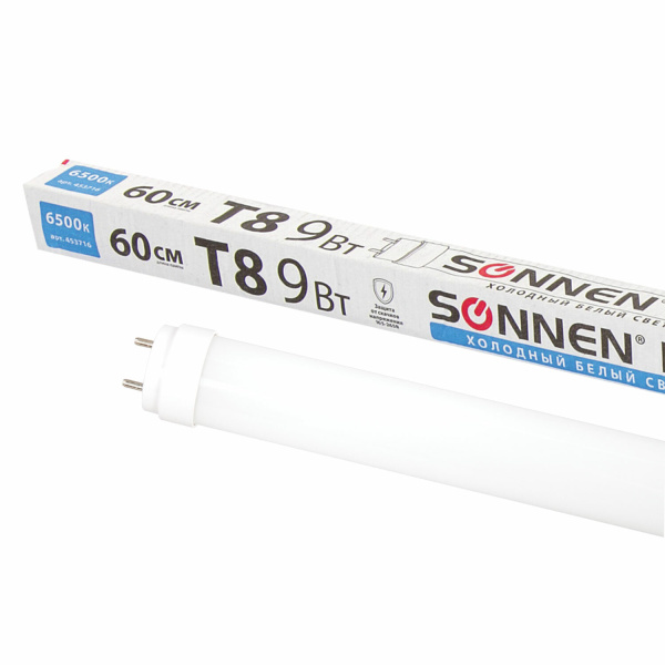 Лампа-трубка светодиодная SONNEN, 9 Вт, 30000 ч, 60 см, холодный белый LED T8-9W-6500-G13