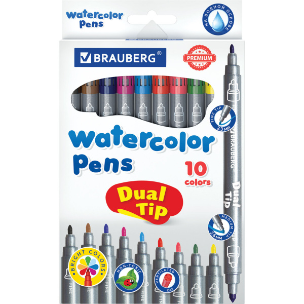 Фломастеры двусторонние BRAUBERG PREMIUM DUAL-TIP, 10 шт., 10 цветов, два наконечника, 151946