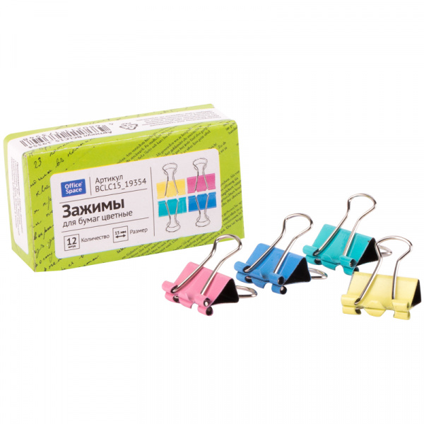 Зажимы для бумаг 15мм OfficeSpace, 12шт., цветные, картонная коробка BCLC15_19354