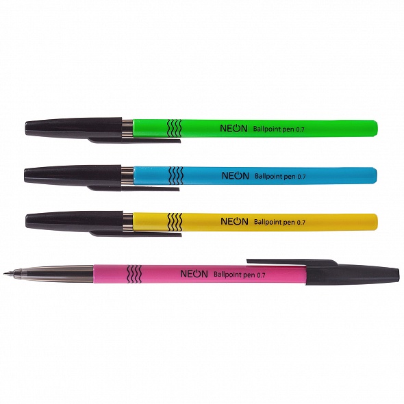 РУЧКА Hatber шариковая NEON Синяя 0,7мм с колпачком и клипом-Ассорти- чернила на масл.основе 043608