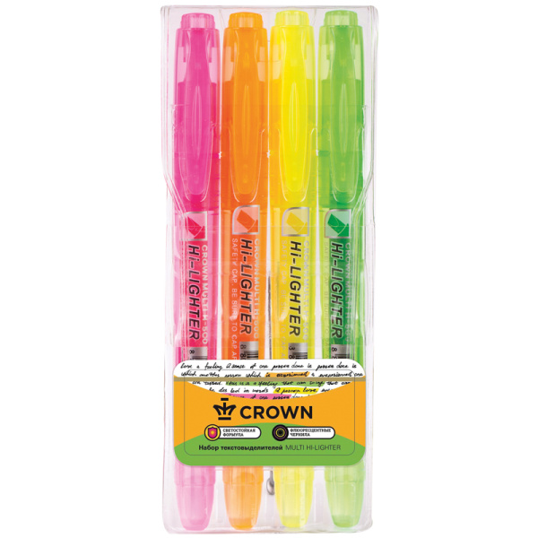 Набор текстовыделителей Crown "Multi Hi-Lighter" 04цв., 1-4мм, чехол с европодвесом Набор текстовыделителей Crown "Multi Hi-Lighter" 04цв., 1-4мм, чехол с европодвесом