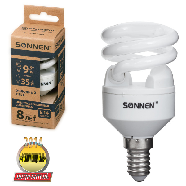 Лампа люминесц. энергосбер. SONNEN ECO Т2, 9(35)Вт, цоколь E14, 8000ч, хол. свет, 451064