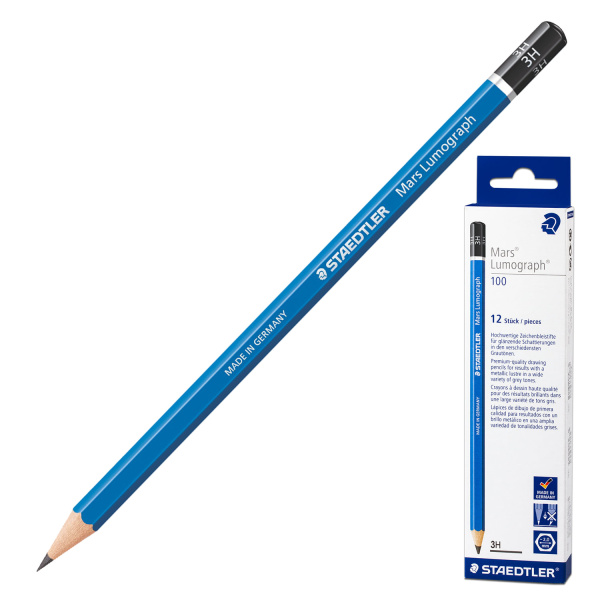 Карандаш чернографитный STAEDTLER ПРЕМИУМ, 1 шт, "Mars Lumograph", 3H, без резинки, гриф.2мм,100-3H