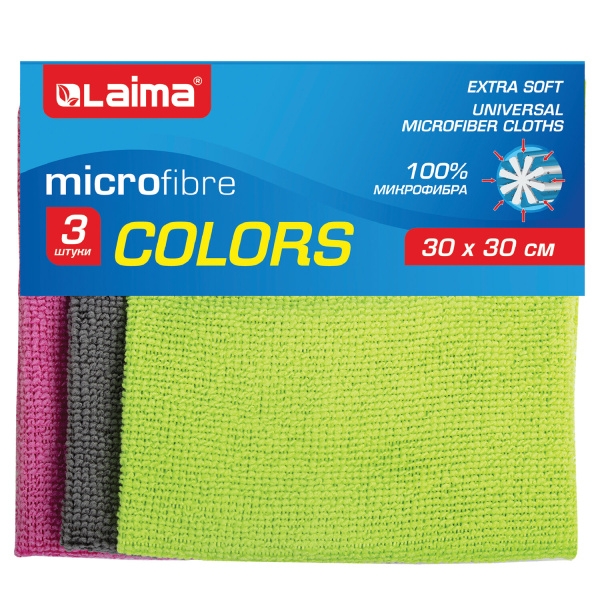 Салфетки из МИКРОФИБРЫ универсальные, 30×30 см, КОМПЛЕКТ 3 шт., ассорти (розовый, зеленый, серый), 1