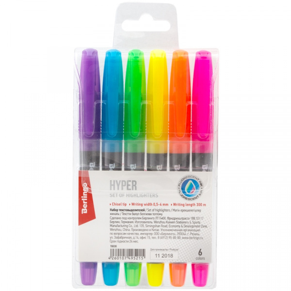 Набор текстовыделителей Berlingo "Textline HL400", 6цв., 0,5-4мм, европодвес T8030