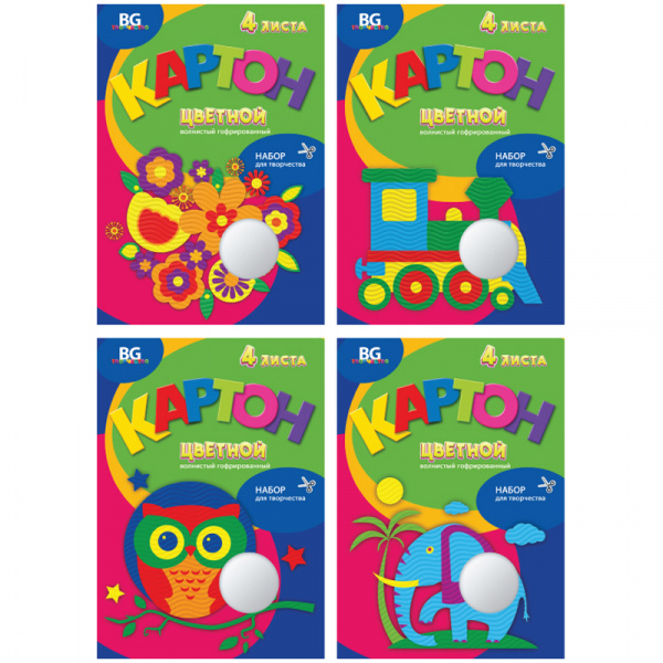 Картон цветной гофрированный А4, BG "Игрушечные поделки", волнистый, 4л., 4цв., в папке