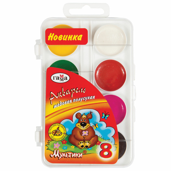 Краски акварельные ГАММА "Мультики NEW", 8 цветов, медовые, пластиковая коробка, европодвес, 211046_